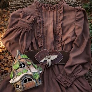 Brown Long Sleeve Cottagecore Dress with Belt, Bohemian, Whimsy Dress, Cotton
